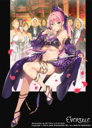 Rule 34 | alira (evertale), ass, breasts, dancer, dancing, elf, evertale, green eyes, high heels, large breasts, long hair, looking at viewer, official art, original, panties, petals, pink hair, pointy ears, ponytail, popqn, revealing clothes, smile, thighs, thong, underwear
