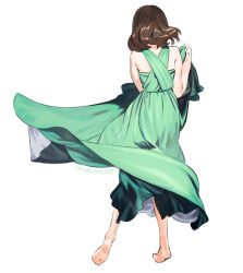 Rule 34 | 1girl, bare arms, bare shoulders, barefoot, brown hair, dancing, dress, from behind, full body, green dress, long dress, original, short hair, signature, simple background, skirt hold, solo, standing, umishima senbon, white background