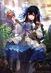 Rule 34 | 1girl, bare shoulders, black hair, black pantyhose, blue flower, blue hairband, breasts, brown hair, character request, cloud, cloudy sky, commentary request, copyright notice, crystal, dress, feet out of frame, flower, hair between eyes, hair flower, hair ornament, hairband, holding, holding wand, long hair, long sleeves, medium breasts, multicolored hair, official art, open mouth, outdoors, pantyhose, purple eyes, ruins, sangokushi taisen, sky, smile, solo, standing, sunlight, teeth, two-tone hair, upper teeth only, wand, watermark, white dress, yuu (higashi no penguin)
