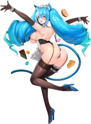 Rule 34 | 1girl, animal ears, aqua hair, ass, aurora (last origin), blush, breasts, brown gloves, brown thighhighs, cake, cat ears, cat tail, drill hair, elbow gloves, food, from behind, full body, gloves, hair between eyes, highres, large breasts, last origin, long hair, looking at viewer, looking back, macaron, maid headdress, multicolored hair, official art, open mouth, pie, pink eyes, pink hair, pocky, sideboob, smile, snowball22, spread legs, streaked hair, tachi-e, tail, thighhighs, transparent background, twin drills