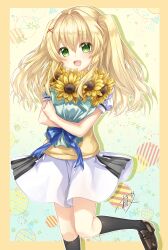 Rule 34 | 1girl, :d, absurdres, amatsuji, black socks, blonde hair, blue bow, blue ribbon, bouquet, bow, brown footwear, crossed arms, eyelashes, eyes visible through hair, flower, framed, green eyes, hair between eyes, hair ornament, highres, holding, holding bouquet, kneehighs, light blush, loafers, long hair, looking at viewer, miniskirt, open mouth, outside border, puffy short sleeves, puffy sleeves, ribbon, school uniform, shadow, shoes, short sleeves, sidelocks, signature, simple background, skirt, smile, socks, solo, standing, standing on one leg, summer pockets, sunflower, sweater vest, tsumugi wenders, two side up, white skirt, x hair ornament, yellow background, yellow sweater vest