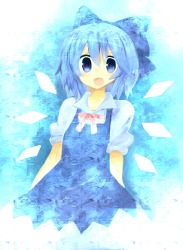 Rule 34 | 1girl, bad id, bad pixiv id, blue eyes, blue hair, blue theme, bow, cirno, dress, female focus, gradient background, hair bow, matching hair/eyes, namakuby, short hair, solo, touhou, wings