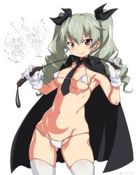 Rule 34 | 10s, anchovy (girls und panzer), bikini, blush, breasts, cape, carpaccio (girls und panzer), drill hair, covered erect nipples, girls und panzer, gloves, green hair, hair ribbon, highres, large breasts, long hair, looking at viewer, micro bikini, mudou eichi, multiple girls, navel, pepperoni (girls und panzer), red eyes, ribbon, riding crop, short hair, skindentation, smile, solo focus, swimsuit, thighhighs, twin drills, twintails, underboob, white gloves, white legwear