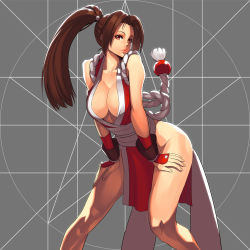 Rule 34 | 1girl, absurdres, bare shoulders, breasts, brown eyes, brown hair, cleavage, fatal fury, highres, hip focus, japanese clothes, large breasts, long hair, no bra, ogami, parted lips, pelvic curtain, ponytail, revealing clothes, rope, shiranui mai, solo, the king of fighters, thighs