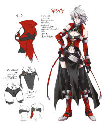 Rule 34 | 1girl, arc system works, bandeau, bare shoulders, belt, black gloves, black thighhighs, blazblue, boots, breasts, character sheet, cleavage, cleavage cutout, clothing cutout, detached sleeves, earrings, elbow gloves, female focus, genderswap, genderswap (mtf), gloves, green eyes, grey hair, hand on own hip, heterochromia, highres, jewelry, kaneaki mukku, large breasts, loincloth, midriff, multiple belts, navel, ragna the bloodedge, red eyes, red ribbon, ribbon, short hair, short shorts, shorts, solo, stud earrings, thighhighs, underboob, unzipped, vest