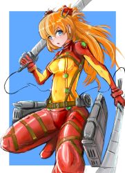 Rule 34 | 1girl, :o, bad id, bad pixiv id, belt, blue background, blue eyes, blush, bodysuit, bracer, breasts, dual wielding, evangelion: 2.0 you can (not) advance, foreshortening, from side, gloves, hair between eyes, hair ornament, hairclip, hairpods, harness, holding, holding weapon, interface headset, looking at viewer, medium breasts, multicolored clothes, neon genesis evangelion, open mouth, orange hair, parody, pilot suit, plugsuit, rebuild of evangelion, see-through, shingeki no kyojin, shiny clothes, simple background, sketch, solo, souryuu asuka langley, squatting, sword, test plugsuit, thigh strap, three-dimensional maneuver gear, turtleneck, weapon, wide hips