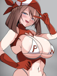 Rule 34 | 1girl, bandana, bikini, breasts, cleavage, creatures (company), game freak, hand on own hip, highres, large breasts, may (pokemon), md5 mismatch, navel, nintendo, pinarita, pokemon, pokemon rse, resolution mismatch, revealing clothes, smile, solo, source larger, swimsuit, thong bikini, upper body, v