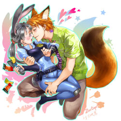 Rule 34 | 1boy, 1girl, absurdres, animal ears, armor, artist name, belt pouch, blue pants, blue shirt, blush, carrot hair ornament, chushengdao, collared shirt, copyright name, disney, dress shirt, eye contact, face-to-face, food-themed hair ornament, fox ears, fox tail, full body, green eyes, green shirt, grey hair, grey pants, hair ornament, hand on another&#039;s arm, hand on another&#039;s thigh, hetero, highres, holding, hug, imminent kiss, jewelry, judy hopps, long hair, long sleeves, looking at another, necktie, nick wilde, open mouth, orange hair, pants, paper, parted lips, personification, pocket, police, police uniform, policewoman, pouch, print shirt, profile, purple eyes, rabbit ears, ring, shirt, shoes, short sleeves, silhouette, sitting, smile, striped necktie, striped neckwear, tail, twintails, uniform, zootopia