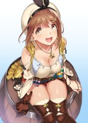 Rule 34 | 1girl, 92m, atelier (series), atelier ryza, atelier ryza 1, bare shoulders, barrel, belt, beret, black ribbon, blue belt, blush, breasts, brown belt, brown eyes, brown gloves, brown hair, cleavage, collarbone, flask, gloves, hair ornament, hairclip, hat, highres, jacket, jewelry, large breasts, leather, leather belt, leather gloves, looking at viewer, necklace, open mouth, red shorts, reisalin stout, ribbon, round-bottom flask, short hair, short shorts, shorts, single glove, sitting, sleeveless, sleeveless jacket, smile, solo, star (symbol), star necklace, thighs, vial, white hat, yellow jacket