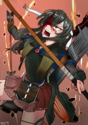 Rule 34 | 1girl, armor, arrow (projectile), blood, blood on face, bow (weapon), breastplate, commentary request, flight deck, grey hair, hair down, headband, highres, japanese clothes, jinbaori, kantai collection, kiri yui, long hair, official alternate hairstyle, quiver, solo, weapon, zuikaku (kancolle)