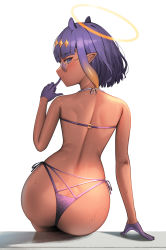 Rule 34 | 1girl, ass, back, back focus, bikini, blue eyes, closed mouth, commentary request, finger to mouth, glasses, gloves, halo, highres, hololive, hololive english, looking at viewer, looking back, mole, mole under eye, ninomae ina&#039;nis, pointy ears, purple-tinted eyewear, purple bikini, purple gloves, purple hair, short hair, swimsuit, tan, tentacle hair, tinted eyewear, tungsten (kwfr4544), virtual youtuber, wet