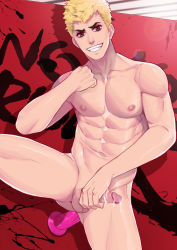 Rule 34 | 1boy, abs, anal, blonde hair, brown eyes, cum, dildo, erection, highres, looking at viewer, male focus, male penetrated, masturbation, megami tensei, muscular, naughty face, nude, penis, persona, persona 5, presenting, sex toy, smile, solo, teeth, testicles