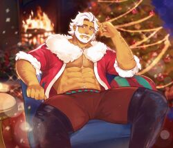 Rule 34 | 1boy, abs, arm hair, bara, blue eyes, chest hair, christmas, cookie run, eggnog cookie, facial hair, feet out of frame, fur trim, hairy, hat, highres, humanization, large pectorals, looking at viewer, male focus, mature male, muscular, muscular male, mustache, navel hair, open clothes, original, pectoral cleavage, pectorals, pushean, red hat, santa costume, santa hat, short hair, sitting, smile, solo, sparse chest hair, spread legs, thick eyebrows, white hair