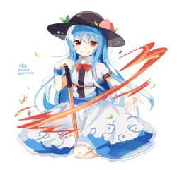 Rule 34 | 1girl, 2015, amano kenpi, blue hair, bow, bowtie, dated, food, fruit, grin, hat, hinanawi tenshi, long hair, peach, puffy short sleeves, puffy sleeves, rainbow gradient, rainbow order, red eyes, shirt, short sleeves, simple background, skirt, smile, solo, sword of hisou, touhou, twitter username, very long hair, white background