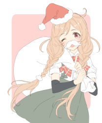 Rule 34 | 1girl, arm warmers, bad id, bad twitter id, blush, bow, bowtie, braid, christmas, cloud hair ornament, facial hair, fake facial hair, fake mustache, hair ornament, hat, holding, holding sack, kantai collection, light brown hair, long hair, minegumo (kancolle), mustache, one eye closed, open mouth, plaid, plaid bow, plaid bowtie, plaid neckwear, red bow, red bowtie, sack, santa hat, shiosoda, shirt, short sleeves, simple background, skirt, solo, suspender skirt, suspenders, twin braids