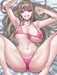 Rule 34 | 1girl, arapanchi, bare shoulders, bikini, breasts, cleavage, collarbone, front-tie bikini top, front-tie top, goddess of victory: nikke, grin, horns, large breasts, light brown hair, long hair, looking at viewer, lying, mask, mask pull, midriff, mouth mask, navel, on back, pink bikini, pink horns, red eyes, smile, solo, spread legs, swimsuit, thighs, viper (nikke)