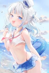 Rule 34 | 1girl, absurdres, alternate costume, beach, blue eyes, blue hair, blue nails, blue sailor collar, blue skirt, breasts, cloud, cloudy sky, fins, fish tail, gawr gura, hair ornament, hat, highres, hololive, hololive english, jewelry, medium hair, mini hat, miniskirt, multicolored hair, navel, open mouth, panty straps, pendant, sailor collar, shark girl, shark hair ornament, shark tail, sharp teeth, shirohato nui, skirt, sky, small breasts, solo, streaked hair, tail, teeth, two side up, virtual youtuber, white hair