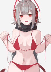 Rule 34 | 1girl, absurdres, ahoge, arknights, asususususu, bikini, black scarf, blush, breasts, breasts apart, collarbone, commentary request, demon horns, fang, front-tie top, grey hair, heart, highres, holding strap, horns, medium breasts, nail polish, navel, open mouth, red bikini, red eyes, red nails, scarf, short hair, simple background, skin fang, smile, solo, swimsuit, tail, untied bikini, w (arknights), white background