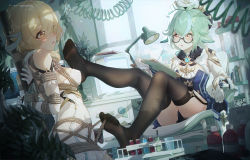 Rule 34 | 2girls, arms behind back, bdsm, between toes, black legwear, blue dress, blush, bondage, bound, breasts, chinese commentary, clipboard, commentary request, desk, dress, english text, feet, genshin impact, glasses, gloves, green hair, highres, holding, holding clipboard, icecake, indoors, keyboard (computer), lamp, long sleeves, looking at another, looking away, lumine (genshin impact), medium breasts, monitor, multicolored hair, multiple girls, no shoes, parted lips, plant, red eyes, rope, short hair, sitting, soles, standing, streaked hair, sucrose (genshin impact), test tube, thighhighs, vision (genshin impact), white dress, white gloves, yellow eyes