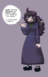 Rule 34 | 1girl, @ @, ahoge, bags under eyes, black footwear, black hair, commentary, creatures (company), dress, english commentary, english text, game freak, hair between eyes, hairband, hex maniac (pokemon), highres, long dress, long hair, looking at viewer, messy hair, nail polish, nintendo, open mouth, pokemon, pokemon xy, purple eyes, purple hairband, purple nails, simple background, solo, thumb, tlane san, turtleneck, turtleneck dress, very long hair