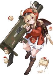 Rule 34 | 1girl, ahoge, backpack, bag, blonde hair, boots, brown footwear, cabbie hat, closed mouth, clover, dress, explosive, full body, genshin impact, hair between eyes, hat, hat feather, highres, holding, holding rocket launcher, holding weapon, klee (genshin impact), long hair, long sleeves, looking at viewer, m202 flash, multishot rocket launcher, pointy ears, pouch, red dress, red eyes, red headwear, rocket launcher, sawkm, serious, sidelocks, simple background, weapon, white background