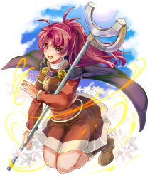Rule 34 | 1girl, ahoge, boots, breasts, cape, cloud, dress, flower, full body, golden sun, jenna (golden sun), long hair, looking at viewer, mizuura, open mouth, ponytail, red eyes, red hair, skirt, smile, solo, staff