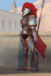 Rule 34 | 1other, ambiguous gender, armor, armored boots, bad id, bad pixiv id, belt, blue sky, boots, breastplate, brick wall, brown belt, cape, castle, commentary request, day, fantasy, full body, gauntlets, helmet, highres, holding, holding polearm, holding spear, holding weapon, knight, leg armor, mountain, original, pauldrons, plume, polearm, red cape, satoru wada, shoulder armor, signature, sky, solo, spear, standing, weapon