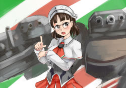 Rule 34 | 10s, 1girl, brown eyes, brown hair, capelet, detached sleeves, eyewear strap, glasses, headdress, kantai collection, nam (valckiry), open mouth, pince-nez, roma (kancolle), short hair, striped, striped background, turret