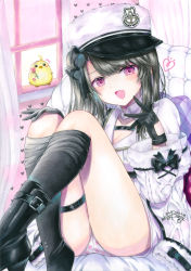 Rule 34 | 1girl, absurdres, artist name, ass, azur lane, bad id, bad pixiv id, black bow, black footwear, black gloves, black socks, boots, bow, breasts, cleavage, coat, commentary request, dated, fang, food print, fur-trimmed coat, fur trim, gloves, grey hair, hair bow, hat, heart, highres, knees up, looking at viewer, manjuu (azur lane), marker (medium), medium breasts, one side up, open mouth, pamiat merkuria (azur lane), panties, pink eyes, print panties, shako cap, sidelocks, signature, skin fang, smile, socks, solo, strawberry panties, strawberry print, thigh strap, thighs, traditional media, underwear, whipberry, white coat, white hat