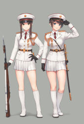 Rule 34 | 2girls, aiguillette, battle rifle, bayonet, belt, belt buckle, black gloves, blue eyes, boots, braid, brown eyes, brown hair, buckle, buttons, closed mouth, collared shirt, full body, genso, gloves, grey background, gun, hand on headwear, hand on own hip, hat, highres, jacket, knee boots, lapels, long hair, long sleeves, looking at viewer, m14, military, military hat, military uniform, miniskirt, multiple girls, necktie, original, peaked cap, pleated skirt, red neckwear, rifle, sheath, sheathed, shirt, sidelocks, simple background, skirt, smile, standing, sword, uniform, weapon, white footwear, white jacket, white skirt