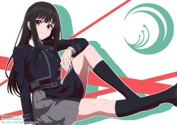 Rule 34 | 1girl, aoi suzu, black hair, black socks, brown footwear, closed mouth, collared shirt, commentary request, feet out of frame, green ribbon, highres, inoue takina, knee up, kneehighs, light smile, loafers, long hair, long sleeves, looking at viewer, lycoris recoil, lycoris uniform, neck ribbon, purple eyes, ribbon, shirt, shoes, sitting, socks, solo, white shirt
