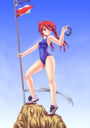 Rule 34 | 1girl, absurdres, competition swimsuit, goggles, highres, long hair, namco, no socks, numan athletics, one-piece swimsuit, original, red eyes, red hair, rock, sharon (numan athletics), shoes, solo, swimsuit, tennouji mamichi, tennouji masamichi, twintails