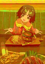Rule 34 | 1girl, blush stickers, brown hair, burger, cutting board, double v, food, french fries, frilled shirt collar, frills, head tilt, highres, kagenoyuhi, long sleeves, looking at viewer, neck ribbon, open mouth, original, parted bangs, red ribbon, ribbon, smile, solo, table, v