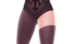 Rule 34 | 1girl, black leotard, brown thighhighs, female focus, fischl (genshin impact), genshin impact, gluteal fold, groin, head out of frame, highres, legs, leotard, lower body, pantyhose, partially visible vulva, simple background, single thighhigh, solo, standing, thigh gap, thighhighs, white background, z282g