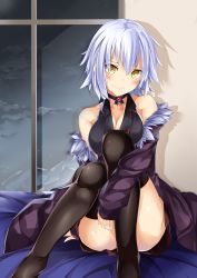 Rule 34 | 1girl, absurdres, alternate costume, alternate hair color, aria (schwarza97rw0rd), bare shoulders, black thighhighs, blush, breasts, choker, cleavage, commentary request, convenient leg, fate/grand order, fate (series), hair between eyes, highres, indoors, jeanne d&#039;arc (fate), jeanne d&#039;arc alter (avenger) (fate), jeanne d&#039;arc alter (fate), knees up, looking at viewer, short hair, silver hair, sitting, smile, solo, thighhighs, window, yellow eyes