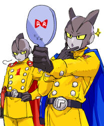 Rule 34 | 2boys, :o, belt, black belt, black gloves, blue cape, buttons, cape, closed mouth, colored sclera, colored skin, commentary request, double-breasted, dragon ball, dragon ball super, dragon ball super super hero, energy gun, frown, gamma 1, gamma 2, gloves, grey skin, gun, hand mirror, hand on own hip, hand up, holding, holding mirror, holster, holstered, jacket, long sleeves, looking at another, male focus, mirror, multiple boys, open mouth, outstretched arm, pny panya, puff of air, ray gun, red cape, red ribbon army, simple background, sparkle, standing, v-shaped eyebrows, weapon, white background, yellow jacket, yellow sclera
