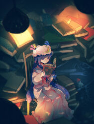 Rule 34 | 1girl, book, book stack, bun cover, capelet, chair, crescent, crescent hair ornament, crescent hat ornament, double bun, dress, feet out of frame, frilled robe, full body, hair bun, hair ornament, hat, hat ornament, hat ribbon, highres, holding, holding book, itomugi-kun, library, long hair, long sleeves, mob cap, on chair, open book, patchouli knowledge, pink capelet, pink dress, pink hat, pink robe, purple eyes, purple hair, reading, ribbon, robe, sidelocks, sitting, solo, touhou, wide sleeves
