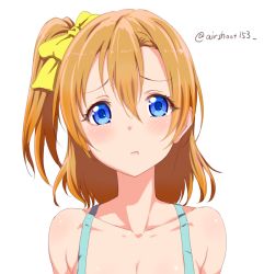 Rule 34 | 10s, 1girl, :t, blue eyes, blush, bow, breasts, clearite, cleavage, close-up, collarbone, hair between eyes, hair bow, hair ribbon, kosaka honoka, long hair, looking at viewer, love live!, love live! school idol project, medium breasts, orange hair, pouty lips, ribbon, side ponytail, solo, twitter username, white background