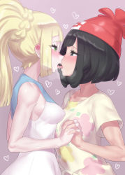 Rule 34 | 2girls, absurdres, beanie, black eyes, black hair, blonde hair, blouse, blush, breasts, collarbone, covered erect nipples, creatures (company), dress, eye contact, eyes visible through hair, floral print, french kiss, from side, game freak, green eyes, hat, heart, highres, holding hands, intel, kiss, lillie (pokemon), long hair, looking at another, medium breasts, mizuumi (bb), multiple girls, naughty face, nintendo, open mouth, pokemon, pokemon sm, ponytail, red headwear, saliva, selene (pokemon), shiny clothes, shiny skin, shirt, short hair, short sleeves, sidelocks, sleeveless, sleeveless dress, small breasts, steam, sweat, tied shirt, tongue, tongue out, white dress, yellow shirt, yuri
