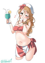 Rule 34 | 10s, 1girl, bare arms, bikini, blush, breasts, brown eyes, brown hair, cowboy shot, cropped jacket, cup, drinking glass, drinking straw, ebifurya, flower, hair between eyes, hair flower, hair ornament, halterneck, hand on own cheek, hand on own face, hand up, hibiscus, highres, holding, holding cup, holding drinking glass, kantai collection, littorio (kancolle), long hair, looking at viewer, medium breasts, musical note, navel, one eye closed, open mouth, quaver, red bikini, sarong, sidelocks, simple background, smile, solo, standing, stomach, striped, swimsuit, twitter username, two-tone bikini, white background, white bikini