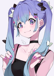 Rule 34 | 1girl, absurdres, bare shoulders, blue background, blue eyes, blue hair, blush, bow, breasts, choker, commentary request, hair between eyes, hair bow, hatsune miku, highres, holding, holding hair, long hair, looking at viewer, nail polish, purple nails, revision, simple background, small breasts, smile, solo, twintails, vocaloid, yuu (higashi no penguin)