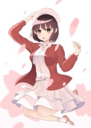 Rule 34 | 1girl, :o, absurdres, arm up, black eyes, blush, bow, breasts, brown hair, cherry blossoms, dress, full body, hat, highres, holding, holding clothes, holding hat, jumping, katou megumi, legs up, long sleeves, looking at viewer, medium breasts, open mouth, saenai heroine no sodatekata, shinka (yonkun121), short hair, simple background, skirt, solo, white background, white bow, white hat