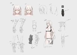 Rule 34 | 1girl, boots, bra, character sheet, closed mouth, from behind, gloves, green eyes, grey background, hand on own hip, headgear, heavily armed high school girls, high heel boots, high heels, ichi (heavily armed high school girls), long hair, looking at viewer, looking to the side, multiple views, navel, neco, open mouth, original, panties, silver hair, standing, thigh strap, underwear, weapon, white bra, white panties