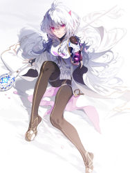 Rule 34 | 1girl, ahoge, bodystocking, demon girl, fajyobore, fate/grand order, fate/grand order arcade, fate (series), gloves, highres, long hair, looking at viewer, merlin (fate/prototype), merlin (fate/prototype) (second ascension), outstretched arm, petals, pink eyes, robe, sandals, sitting, solo, staff, very long hair, white hair