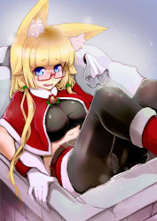 Rule 34 | 1girl, amino dopple, animal ear fluff, animal ears, bell, belt, black pantyhose, blonde hair, blue eyes, blunt bangs, blush, boots, breasts, capelet, chimney, christmas, commentary request, embarrassed, fang, fox ears, fur trim, gloves, impossible clothes, jingle bell, large breasts, long hair, looking at viewer, low twintails, navel, open mouth, original, pantyhose, red-framed eyewear, red footwear, sack, santa costume, semi-rimless eyewear, snowing, solo, stuck, twintails, under-rim eyewear, white gloves