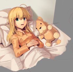 Rule 34 | 1girl, aged down, ahoge, alternate costume, artoria pendragon (all), artoria pendragon (fate), bed, blonde hair, boa (brianoa), dress shirt, fate/stay night, fate (series), green eyes, hair between eyes, hands on stomach, highres, interlocked fingers, long hair, looking at viewer, lying, on back, open mouth, orange shirt, own hands together, pillow, saber (fate), shirt, solo, stuffed animal, stuffed toy, under covers