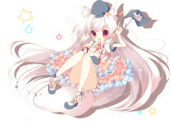 Rule 34 | 1girl, animal ears, bad id, bad pixiv id, flag, frilled skirt, frills, hat, holding, legs, long hair, looking at viewer, mizu (nonbiri), open mouth, original, red eyes, shoes, silver hair, skirt, solo, star (symbol), tail, very long hair, wolf ears, wolf tail