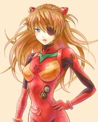 Rule 34 | 10s, 1girl, annoyed, beige background, blue eyes, blush, bodysuit, bracer, breasts, brown hair, cowboy shot, d:, d:&lt;, evangelion: 3.0 you can (not) redo, eyepatch, gloves, hair between eyes, hair ornament, hand on own hip, headgear, long hair, looking at viewer, medium breasts, neon genesis evangelion, open mouth, pilot suit, plugsuit, rebuild of evangelion, simple background, skinny, solo, sora (pikasora), souryuu asuka langley, standing, tape, turtleneck, twintails, two side up, v-shaped eyebrows