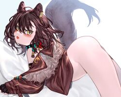 Rule 34 | 1girl, ahoge, animal ear fluff, animal ears, arched back, arknights, ass, bare shoulders, black choker, black gloves, blush, bottomless, brown hair, brown jacket, choker, fang, fingerless gloves, from side, fur-trimmed jacket, fur trim, gloves, highres, jacket, kochiya (gothope), long hair, long sleeves, looking at viewer, looking to the side, lunacub (arknights), off shoulder, open clothes, open jacket, open mouth, simple background, solo, tail, white background, wolf ears, wolf girl, wolf tail, yellow eyes