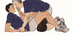 Rule 34 | 2boys, akaashi keiji, arm grab, black hair, blue eyes, blue shirt, bokuto koutarou, chengongzi123, closed mouth, colored eyelashes, covering another&#039;s mouth, english text, full body, grey footwear, grey hair, grey shorts, haikyuu!!, hand over another&#039;s mouth, hand up, highres, looking at another, male focus, multicolored hair, multiple boys, pinned, shirt, shoes, short hair, short sleeves, shorts, simple background, sitting, sneakers, streaked hair, t-shirt, thick eyebrows, very short hair, white background, yellow eyes